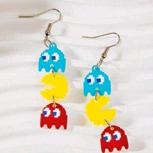 Retro 80s Arcade Game Pac-Man & Ghost Dangle Drop 8-Bit Pixel Gamer Earrings